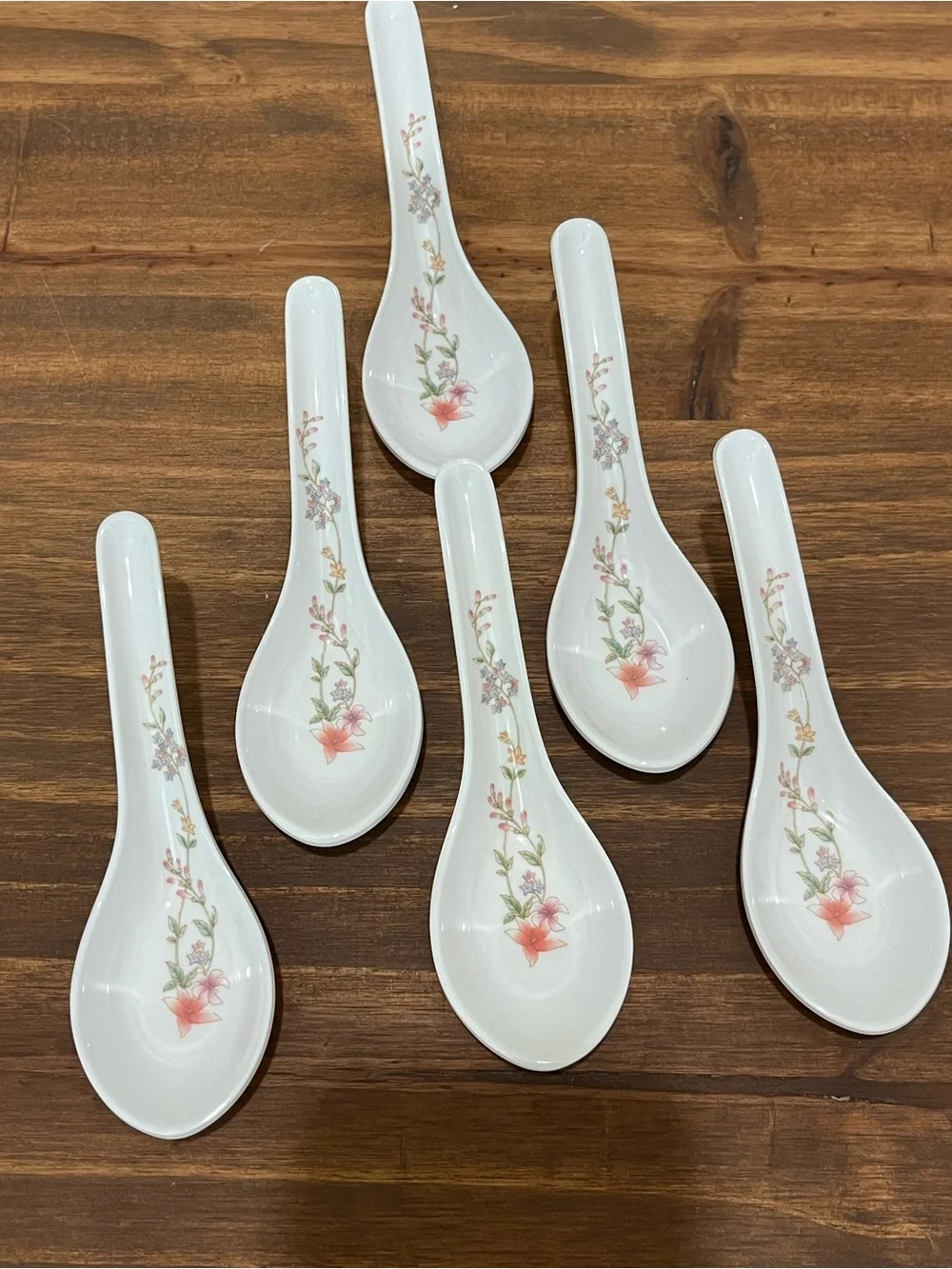 Soup Rice Spoon Asian Floral Design Set of 6 Purple Pink Yellow 6”